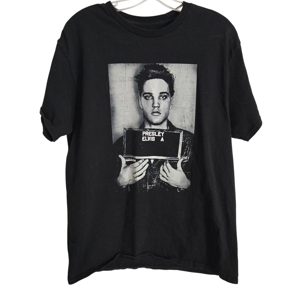 Elvis‎ Presley Graphic T-Shirt Mens Large Black Mugshot Army Rock and Roll